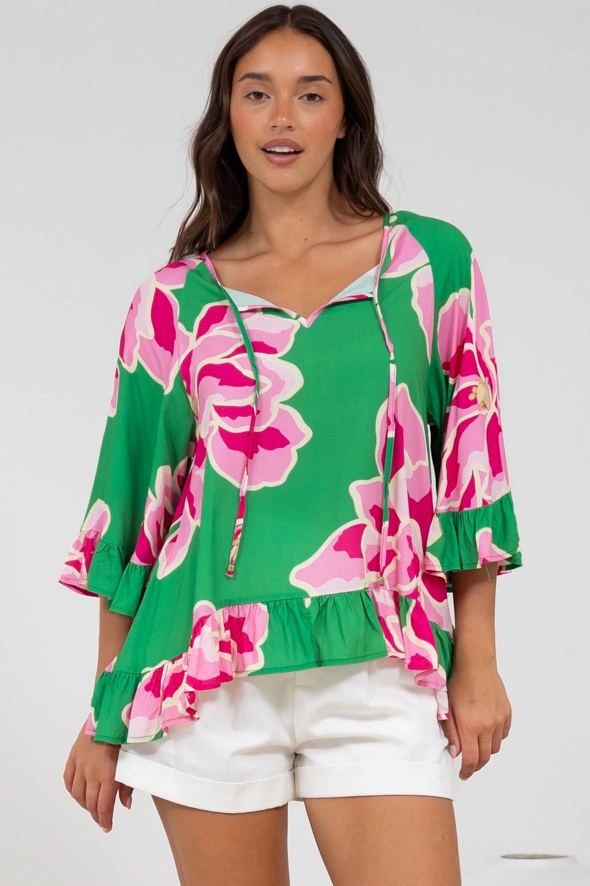 Helia Top - V-Neck Smock Top with Bell Sleeves in Raine Print