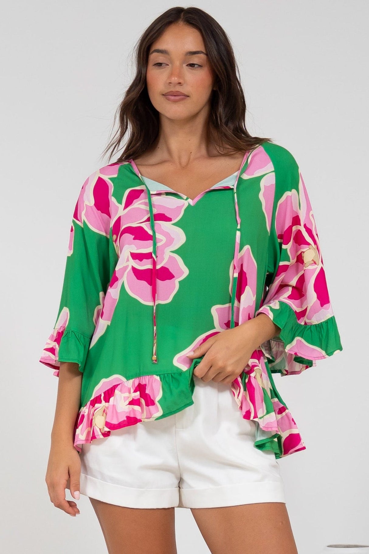 Helia Top - V-Neck Smock Top with Bell Sleeves in Raine Print