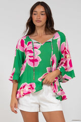 Helia Top - V-Neck Smock Top with Bell Sleeves in Raine Print