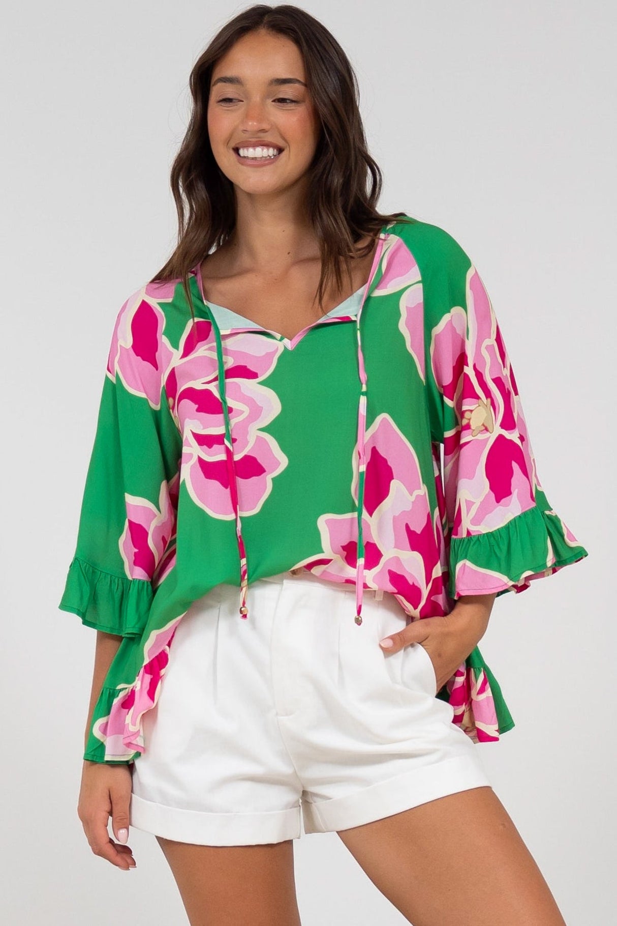 Helia Top - V-Neck Smock Top with Bell Sleeves in Raine Print