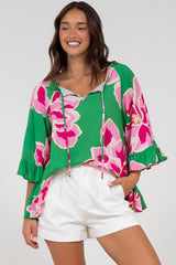 Helia Top - V-Neck Smock Top with Bell Sleeves in Raine Print