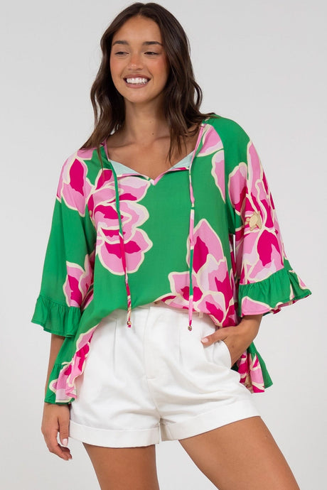 Helia Top - V-Neck Smock Top with Bell Sleeves in Raine Print