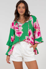 Helia Top - V-Neck Smock Top with Bell Sleeves in Raine Print