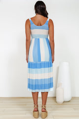 Helio Midi Dress - Elasticated Bodice Tiered Sun Dress in Abella Stripe Print Blue