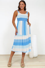 Helio Midi Dress - Elasticated Bodice Tiered Sun Dress in Abella Stripe Print Blue