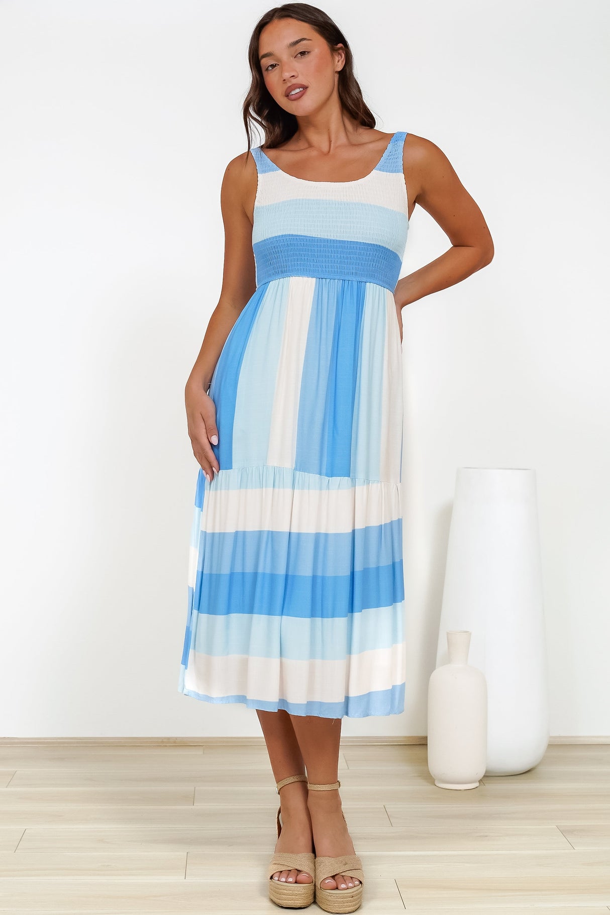 Helio Midi Dress - Elasticated Bodice Tiered Sun Dress in Abella Stripe Print Blue
