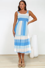 Helio Midi Dress - Elasticated Bodice Tiered Sun Dress in Abella Stripe Print Blue