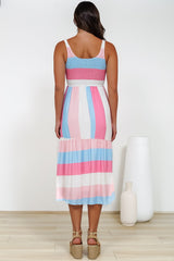 Helio Midi Dress - Elasticated Bodice Tiered Sun Dress in Abella Stripe Print Cotton Candy