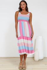 Helio Midi Dress - Elasticated Bodice Tiered Sun Dress in Abella Stripe Print Cotton Candy