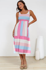 Helio Midi Dress - Elasticated Bodice Tiered Sun Dress in Abella Stripe Print Cotton Candy