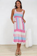 Helio Midi Dress - Elasticated Bodice Tiered Sun Dress in Abella Stripe Print Cotton Candy