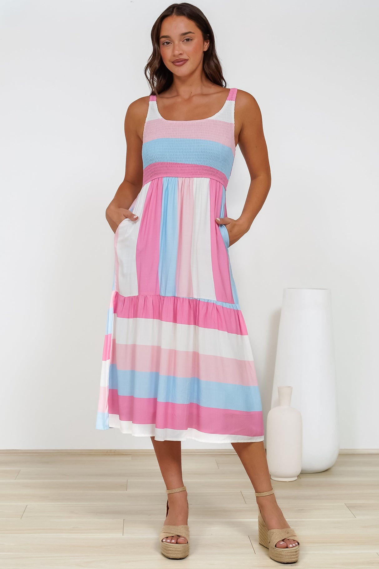 Helio Midi Dress - Elasticated Bodice Tiered Sun Dress in Abella Stripe Print Cotton Candy