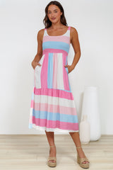 Helio Midi Dress - Elasticated Bodice Tiered Sun Dress in Abella Stripe Print Cotton Candy