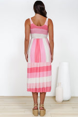Helio Midi Dress - Elasticated Bodice Tiered Sun Dress in Abella Stripe Print Pink