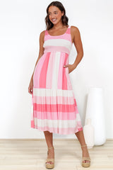 Helio Midi Dress - Elasticated Bodice Tiered Sun Dress in Abella Stripe Print Pink