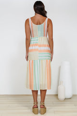 Helio Midi Dress - Elasticated Bodice Tiered Sun Dress in Callipso Stripe Print