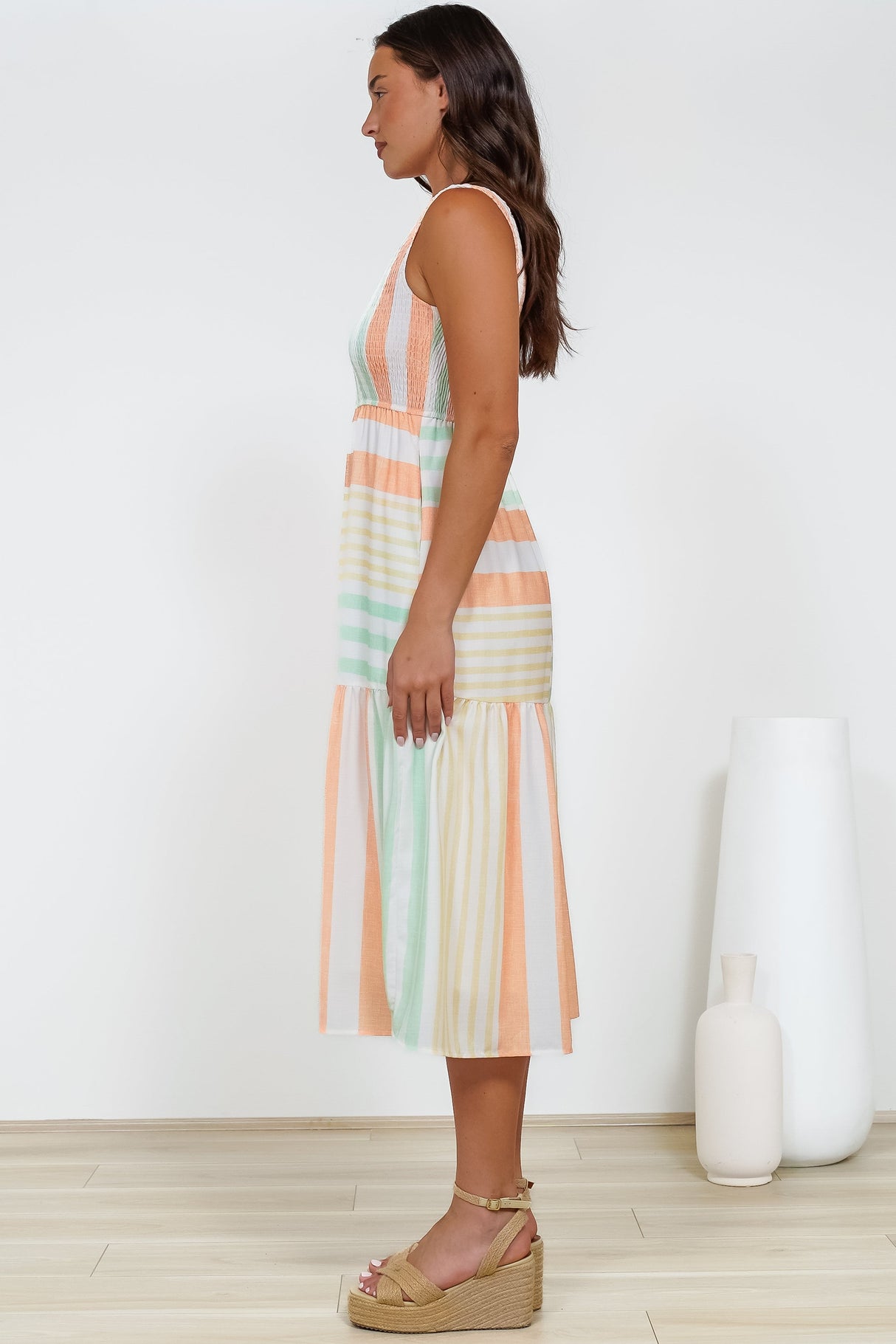 Helio Midi Dress - Elasticated Bodice Tiered Sun Dress in Callipso Stripe Print