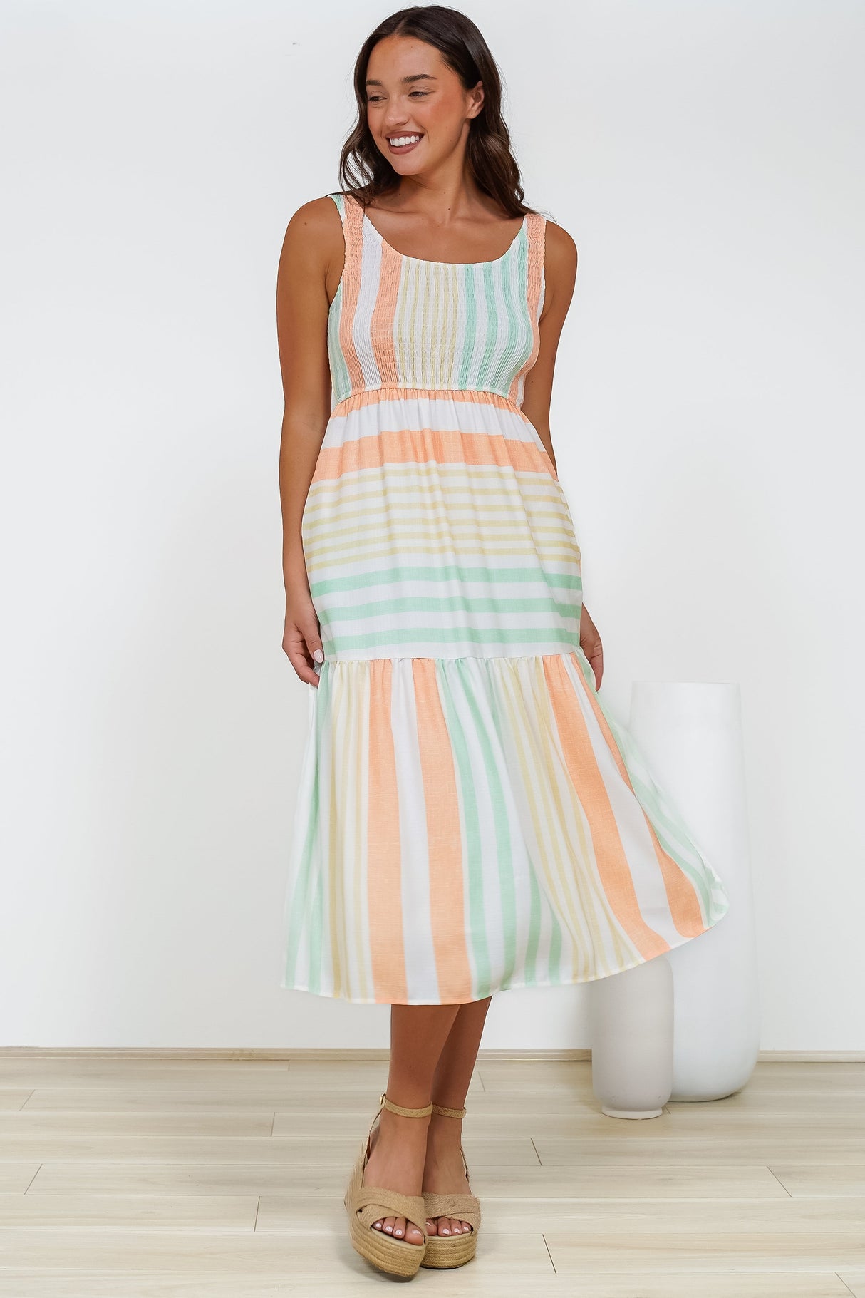 Helio Midi Dress - Elasticated Bodice Tiered Sun Dress in Callipso Stripe Print