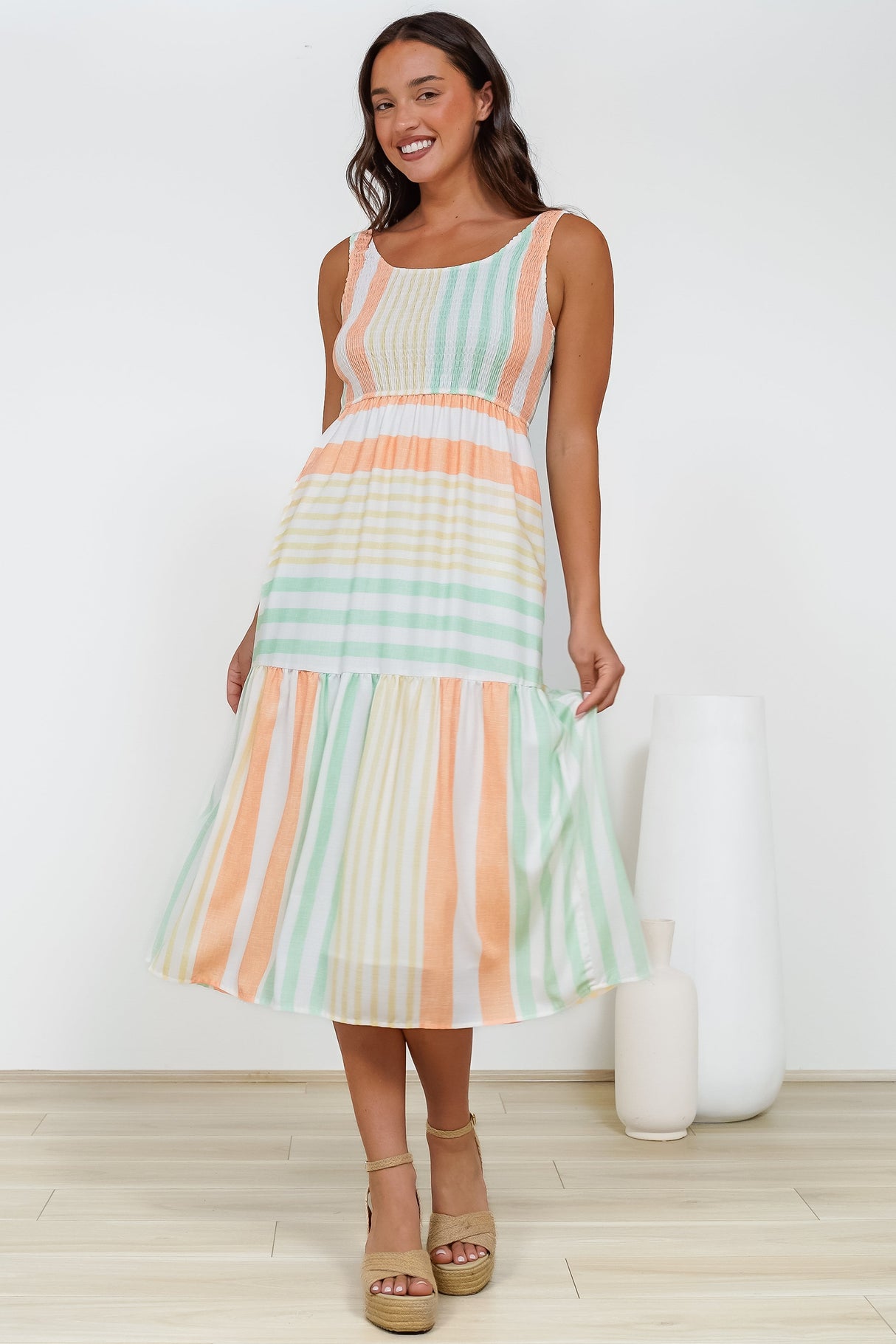 Helio Midi Dress - Elasticated Bodice Tiered Sun Dress in Callipso Stripe Print