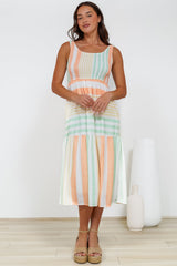 Helio Midi Dress - Elasticated Bodice Tiered Sun Dress in Callipso Stripe Print