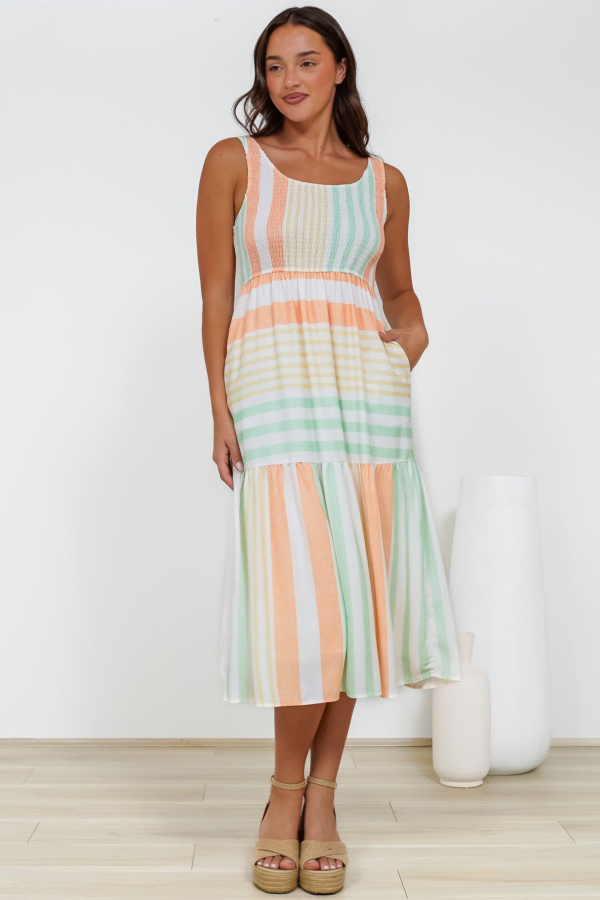 Helio Midi Dress - Elasticated Bodice Tiered Sun Dress in Callipso Stripe Print