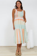 Helio Midi Dress - Elasticated Bodice Tiered Sun Dress in Callipso Stripe Print