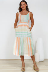 Helio Midi Dress - Elasticated Bodice Tiered Sun Dress in Callipso Stripe Print