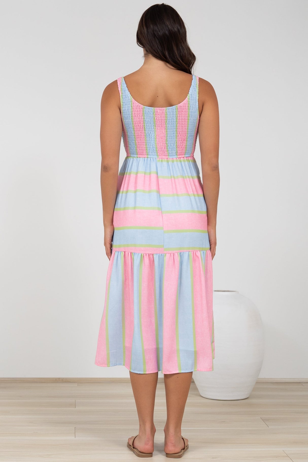 Helio Midi Dress - Elasticated Bodice Tiered Sun Dress in Carnival Stripe Print