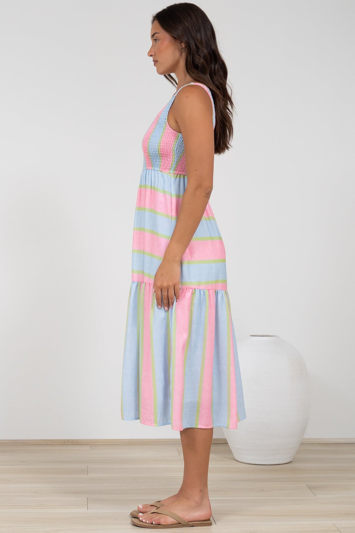Helio Midi Dress - Elasticated Bodice Tiered Sun Dress in Carnival Stripe Print