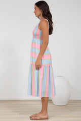Helio Midi Dress - Elasticated Bodice Tiered Sun Dress in Carnival Stripe Print