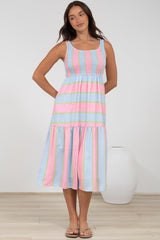 Helio Midi Dress - Elasticated Bodice Tiered Sun Dress in Carnival Stripe Print