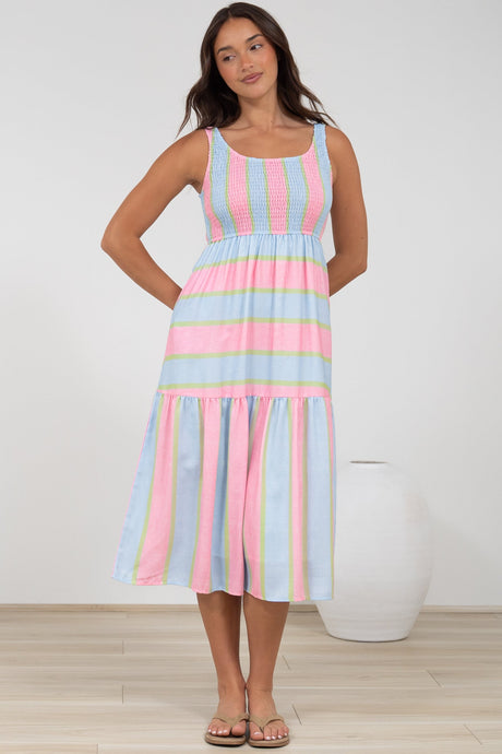 Helio Midi Dress - Elasticated Bodice Tiered Sun Dress in Carnival Stripe Print