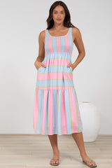 Helio Midi Dress - Elasticated Bodice Tiered Sun Dress in Carnival Stripe Print