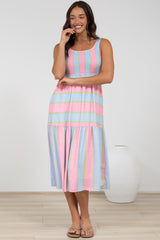 Helio Midi Dress - Elasticated Bodice Tiered Sun Dress in Carnival Stripe Print