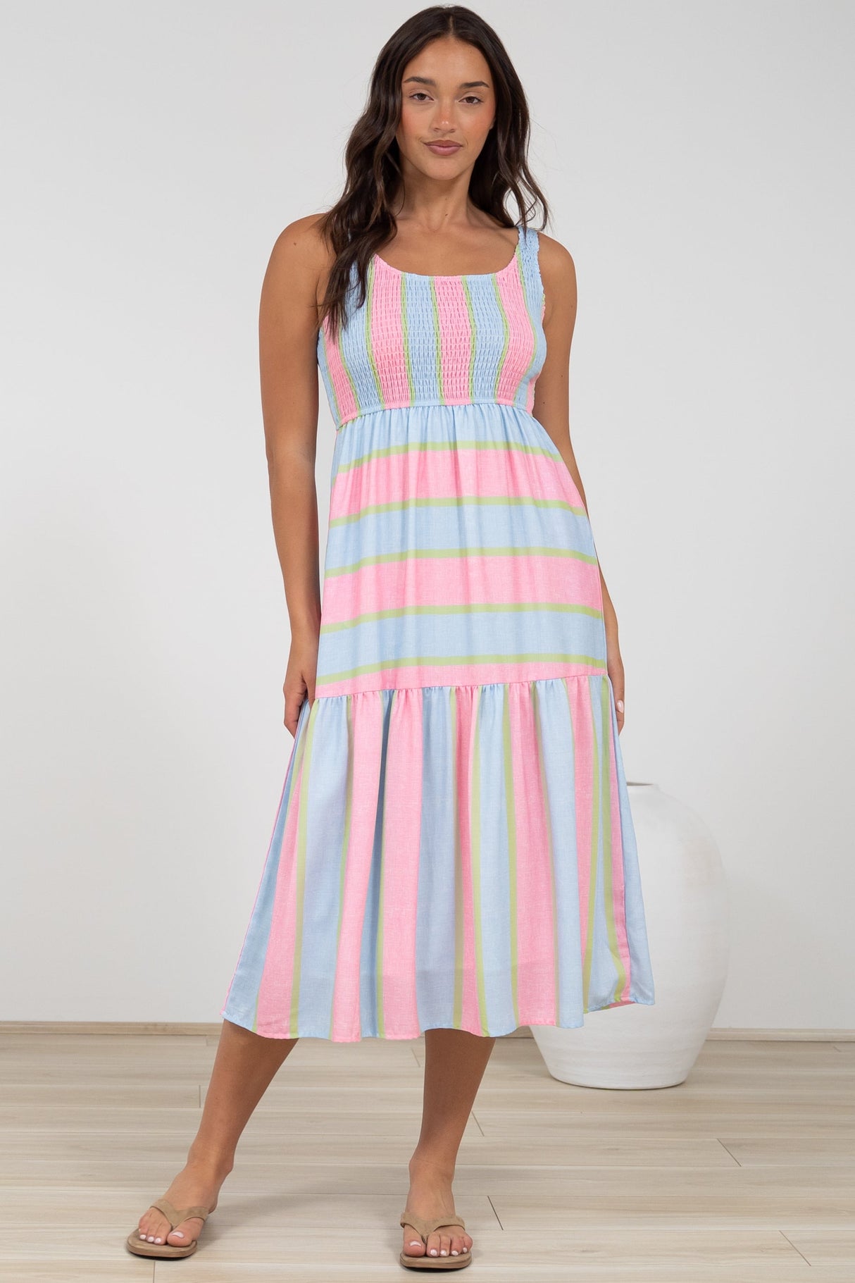 Helio Midi Dress - Elasticated Bodice Tiered Sun Dress in Carnival Stripe Print