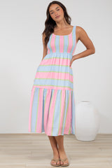 Helio Midi Dress - Elasticated Bodice Tiered Sun Dress in Carnival Stripe Print