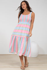 Helio Midi Dress - Elasticated Bodice Tiered Sun Dress in Carnival Stripe Print