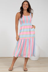 Helio Midi Dress - Elasticated Bodice Tiered Sun Dress in Carnival Stripe Print