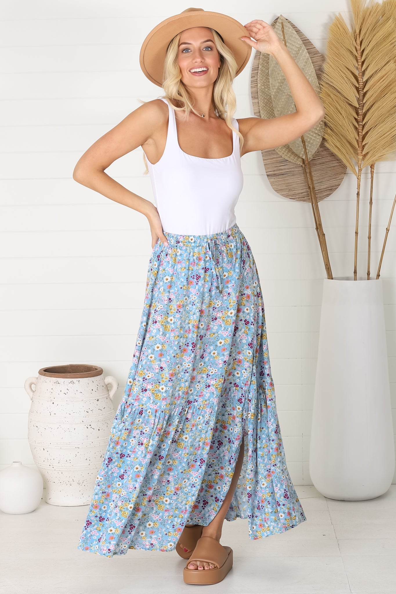 Hellen Maxi Skirt - High Waisted Skirt with Front Splits in Hollie Blue