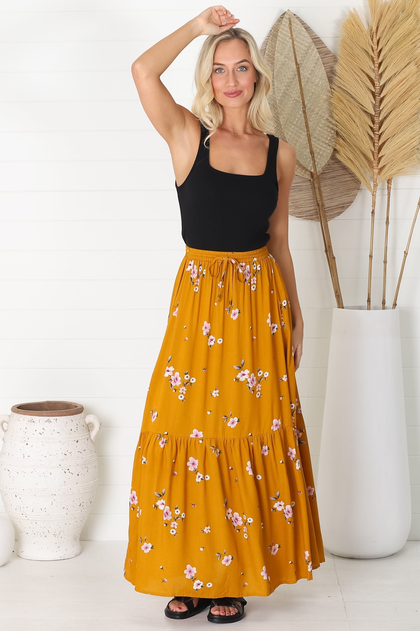 Hellen Maxi Skirt - High Waisted Skirt with Front Splits in Maron Yellow