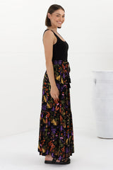 Hellen Maxi Skirt - High Waisted Skirt with Front Splits in Ayla Print Black