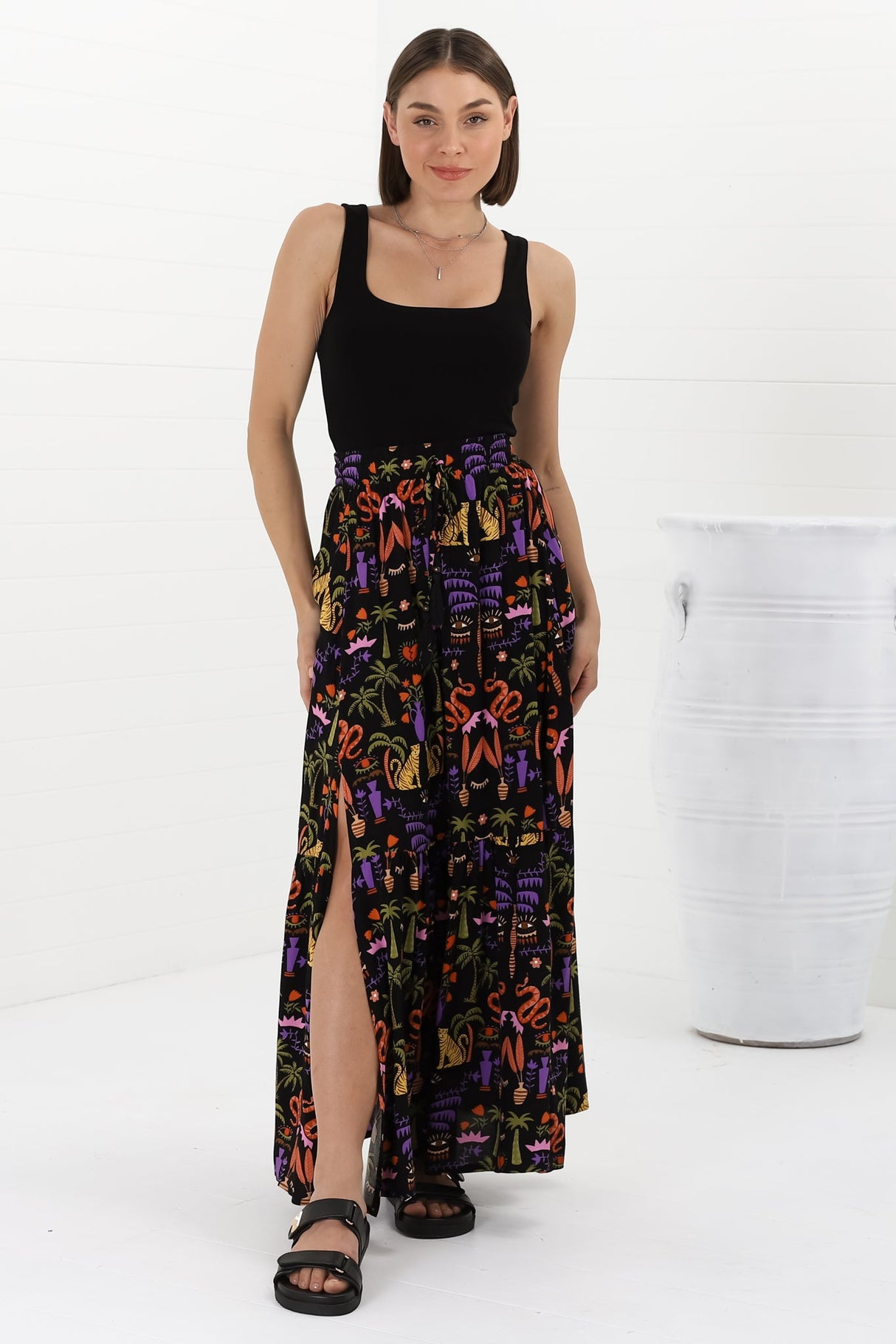 Hellen Maxi Skirt - High Waisted Skirt with Front Splits in Ayla Print Black