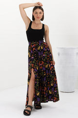 Hellen Maxi Skirt - High Waisted Skirt with Front Splits in Ayla Print Black