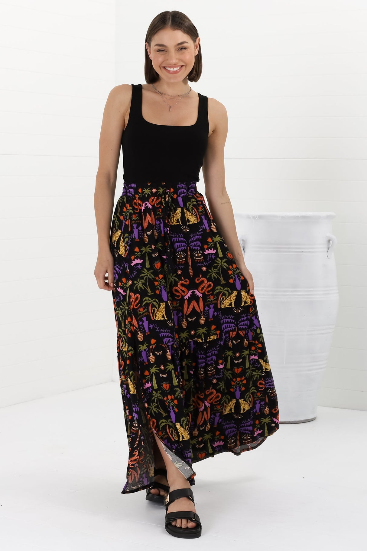 Hellen Maxi Skirt - High Waisted Skirt with Front Splits in Ayla Print Black