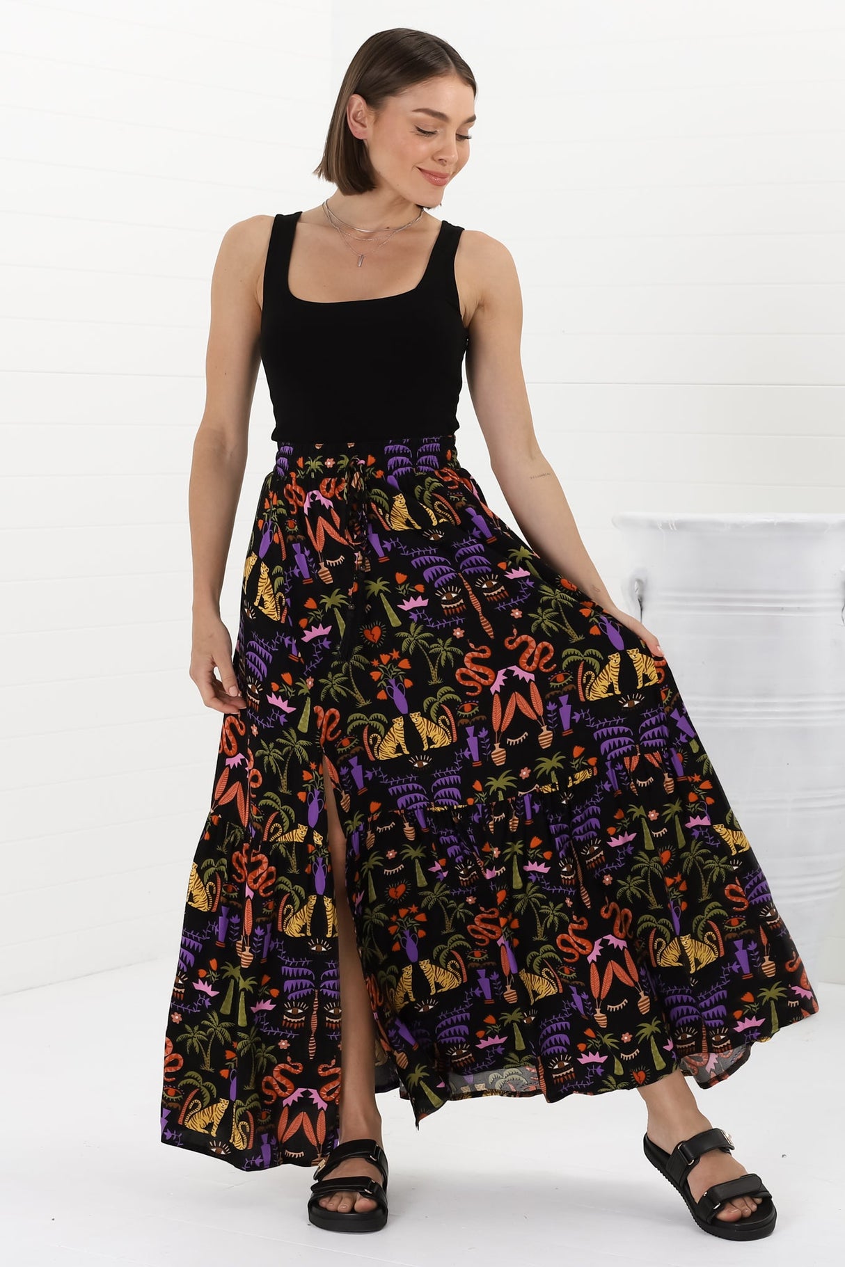 Hellen Maxi Skirt - High Waisted Skirt with Front Splits in Ayla Print Black