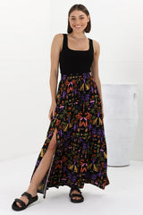 Hellen Maxi Skirt - High Waisted Skirt with Front Splits in Ayla Print Black