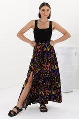 Hellen Maxi Skirt - High Waisted Skirt with Front Splits in Ayla Print Black