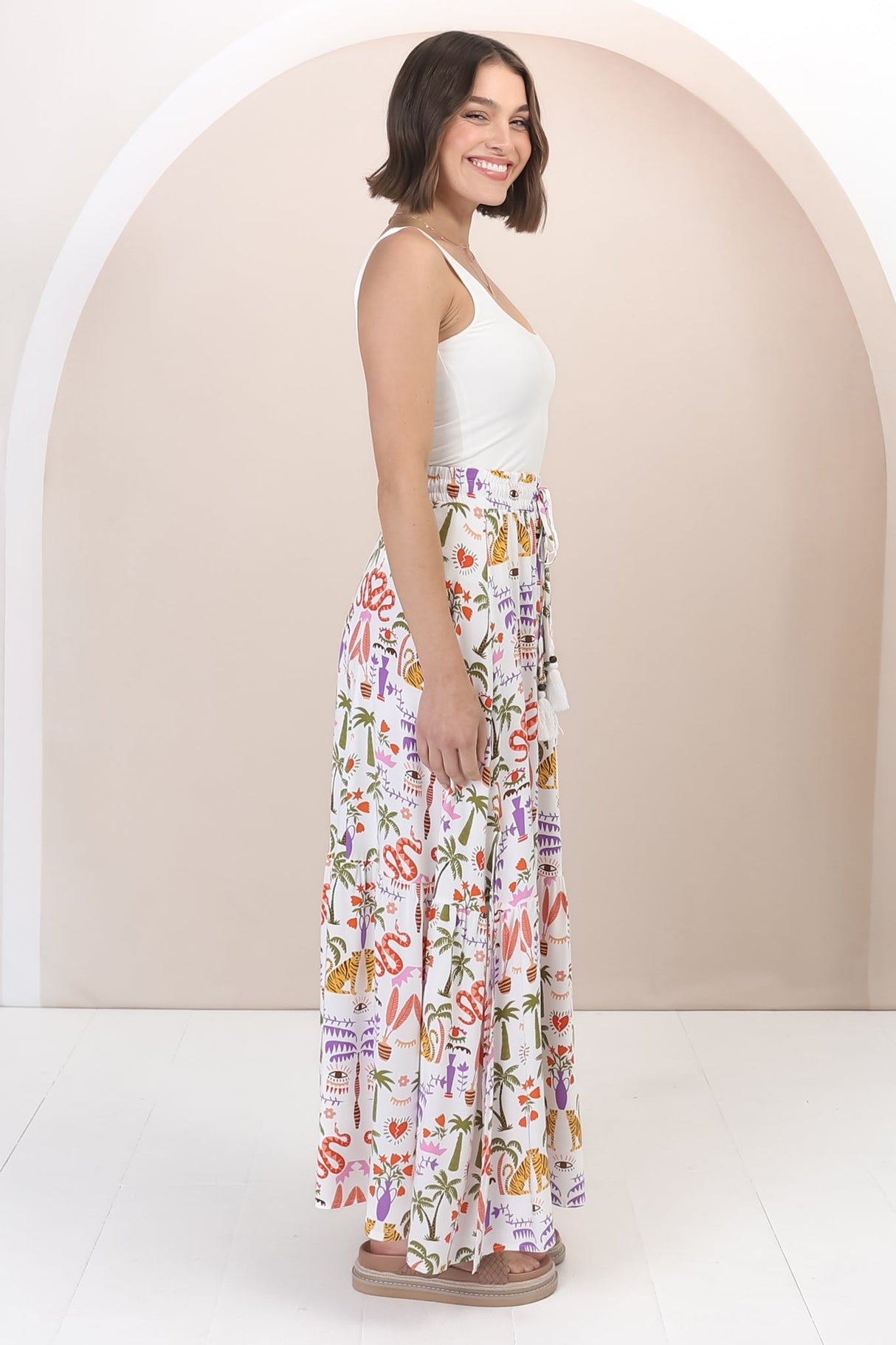 Hellen Maxi Skirt - High Waisted Skirt with Front Splits in Ayla Print White