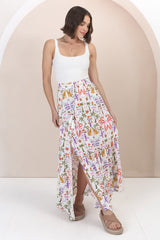 Hellen Maxi Skirt - High Waisted Skirt with Front Splits in Ayla Print White