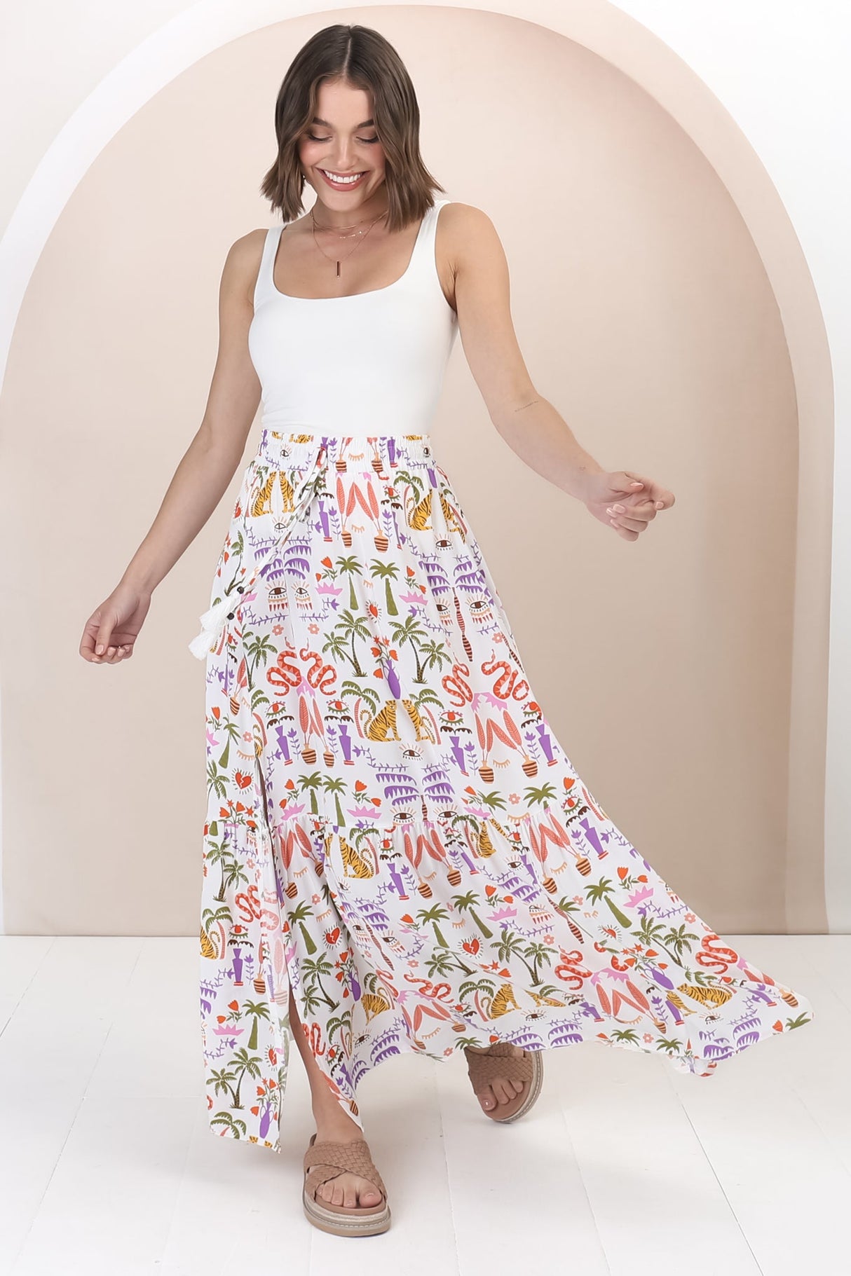 Hellen Maxi Skirt - High Waisted Skirt with Front Splits in Ayla Print White